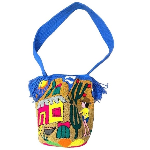 Wayuu tapestry bag Cactus Print Rainbow Fringe Beach Bag Colorful bucket purse - Picture 2 of 16